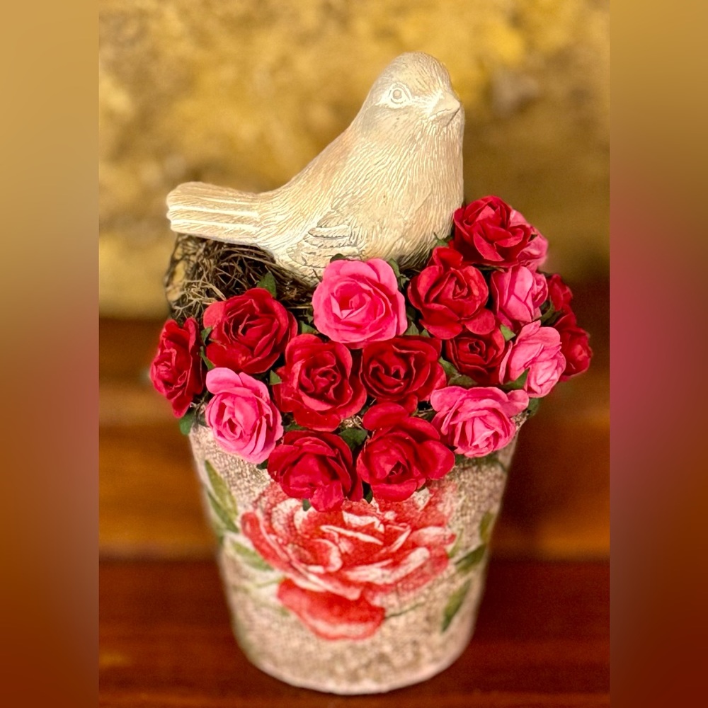 Handmade Spring Roses Bird In Birds Nest Floral Basket